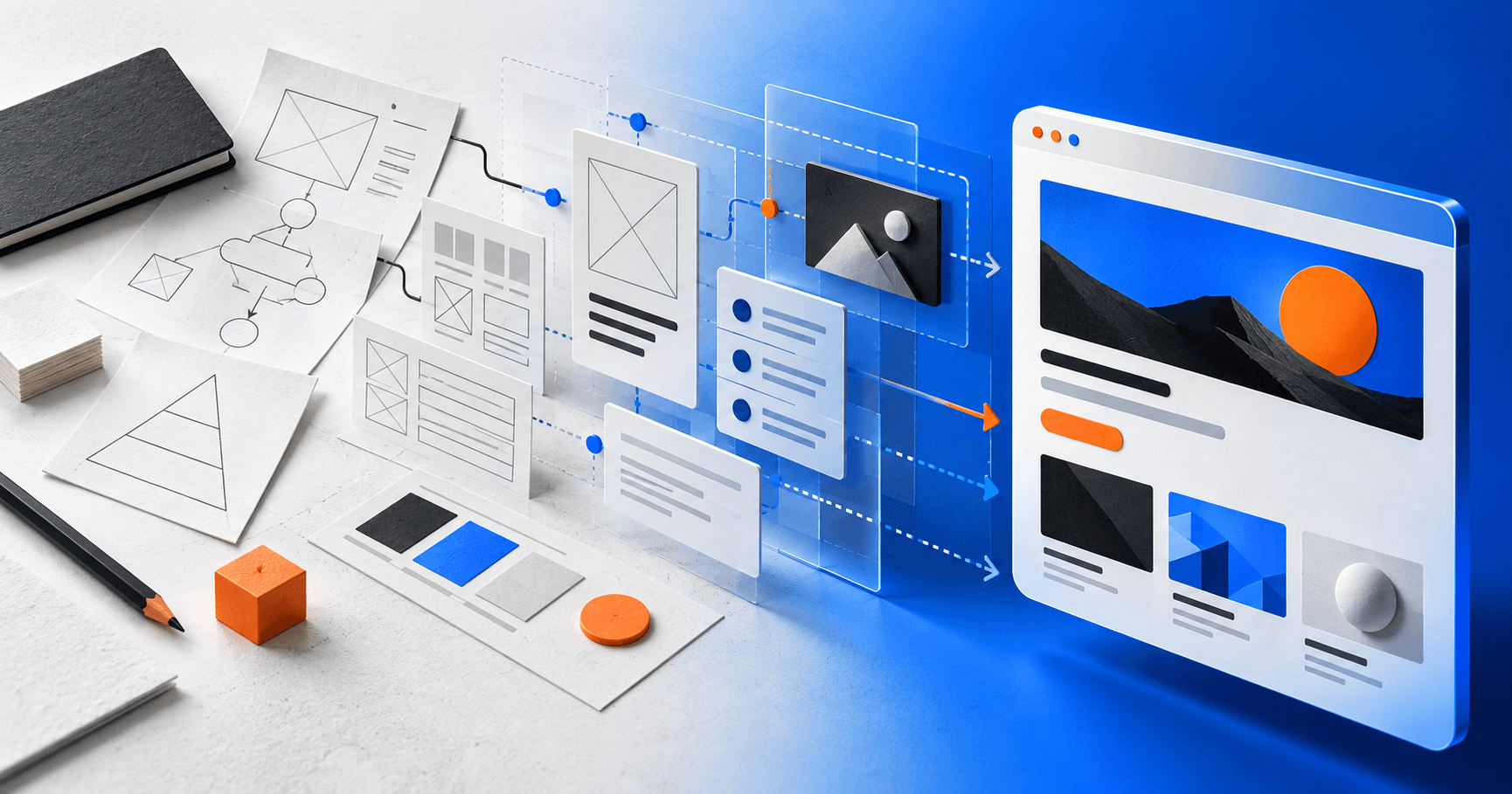 Strategy notes and wireframes becoming a polished website interface