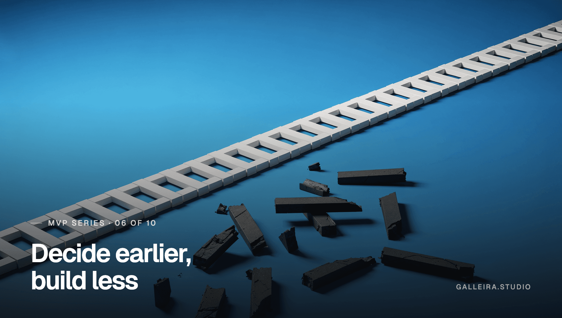 One continuous rail running diagonally while broken alternative routes fall away beneath it, captioned “Decide earlier, build less”