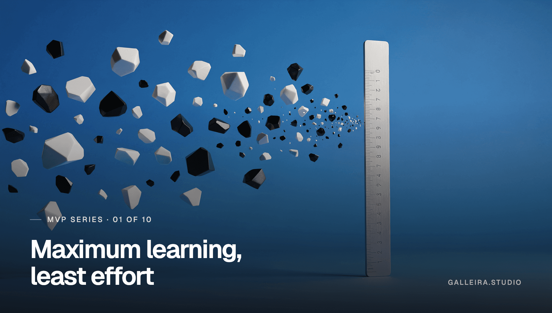 Scattered abstract fragments resolving into a single upright measuring instrument, captioned “Maximum learning, least effort”