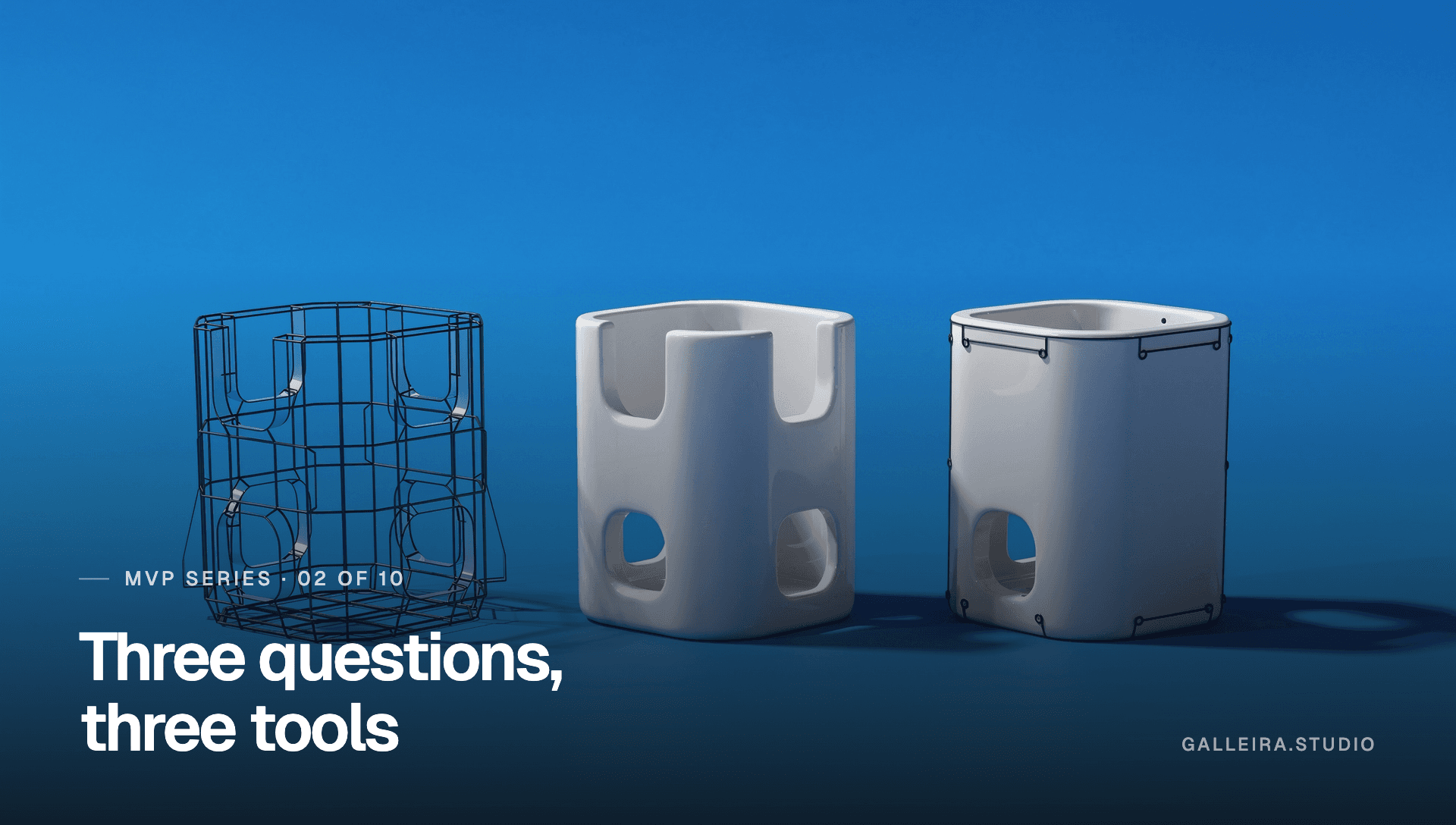 Three abstract objects at increasing stages of completion in a row, captioned “Three questions, three tools”