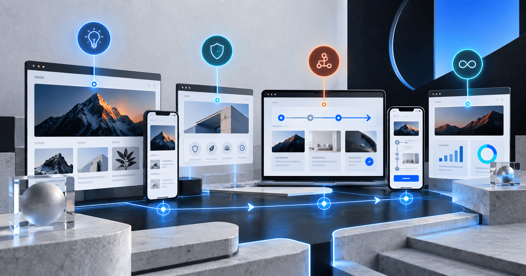 Connected website and mobile screens evaluated across four diagnostic checkpoints